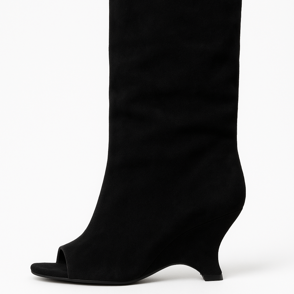 Rosgrove | Women - Knee-High Peep Toe Wedge Boots - Slouchy Style