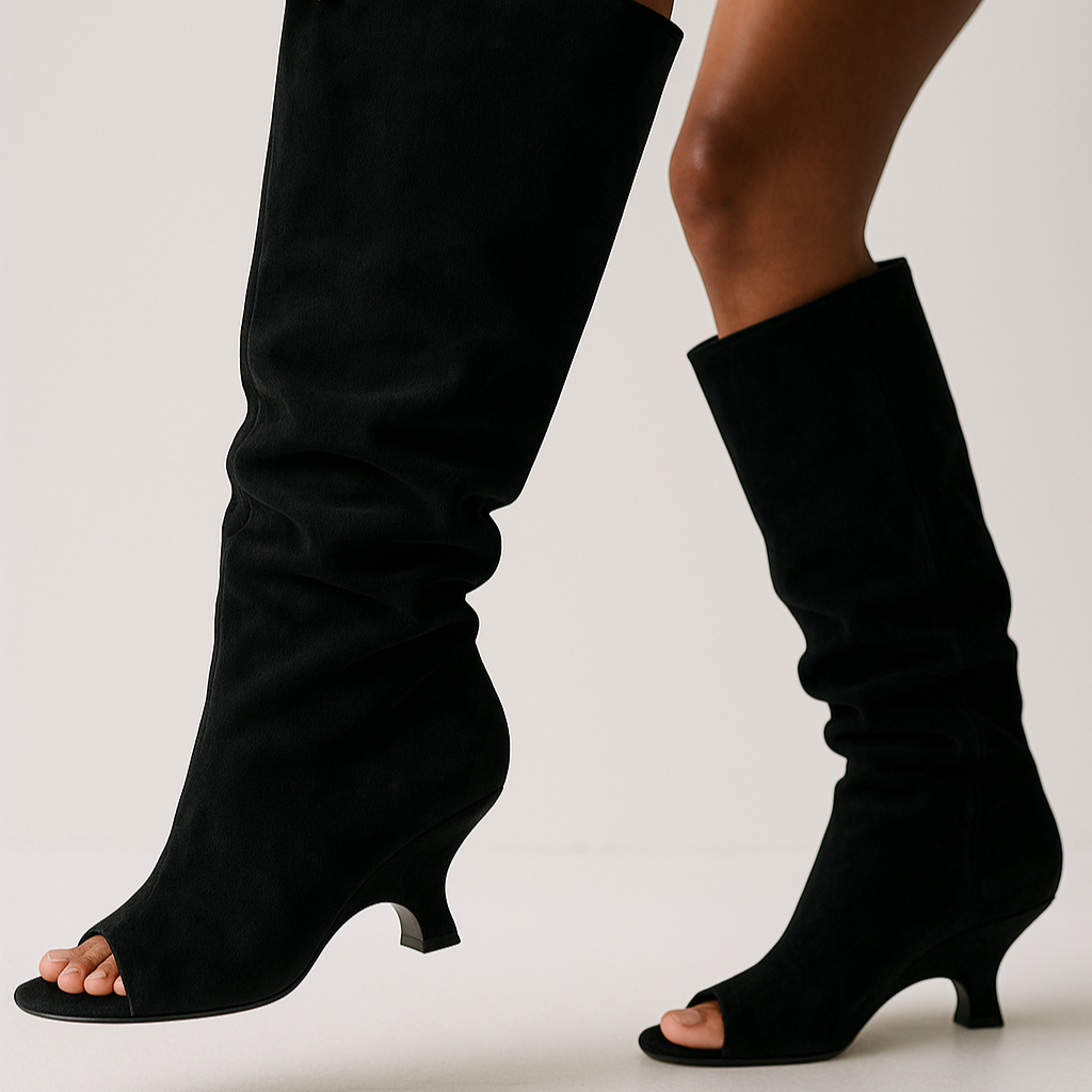 Rosgrove | Women - Knee-High Peep Toe Wedge Boots - Slouchy Style